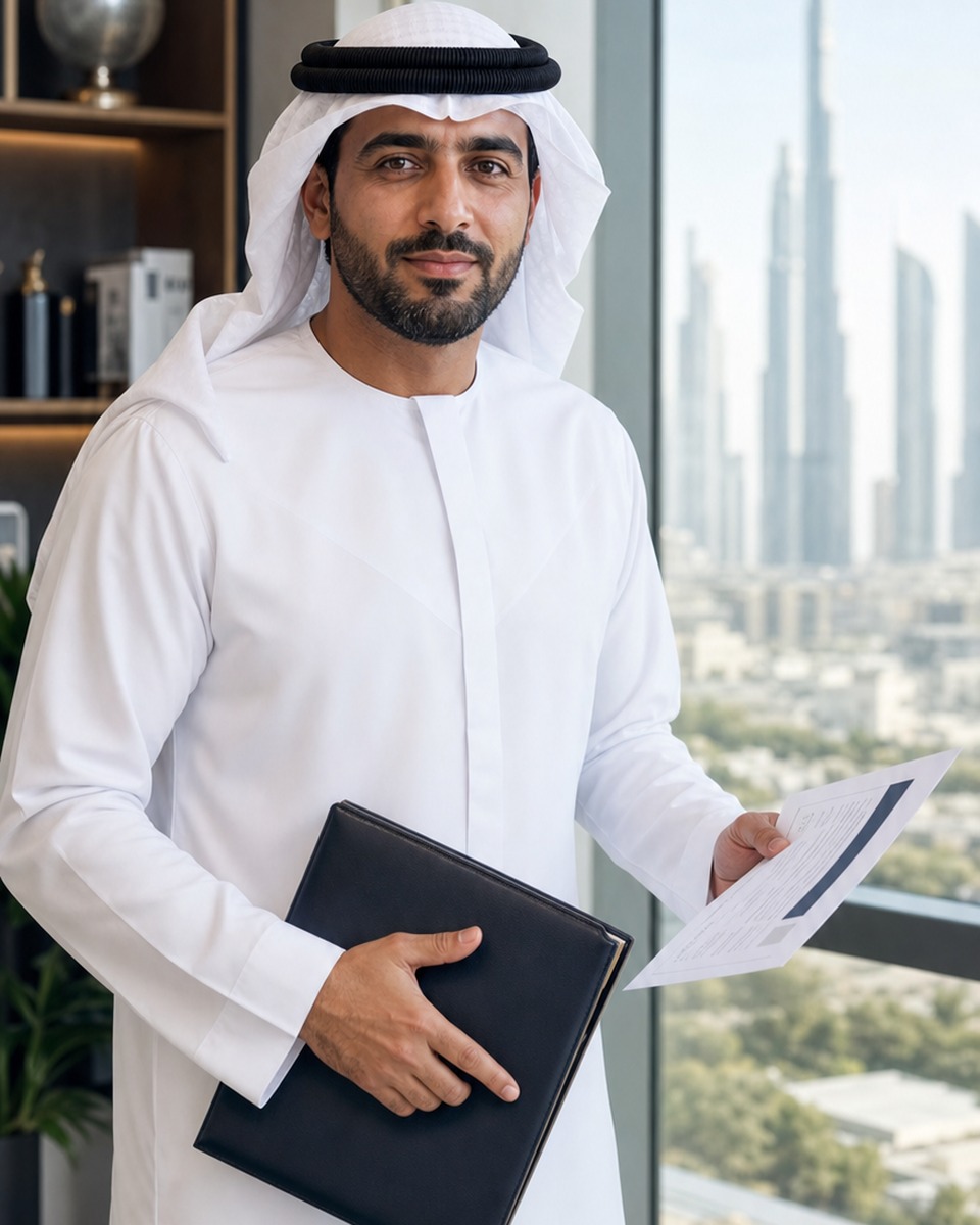 Ahmed, founder in the UAE, reviewing payment documents in a bright office
